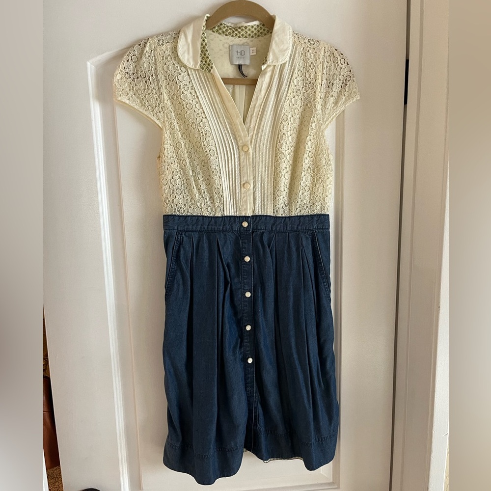 HD In Paris Anthropologie Lace Chambray Button Front Cap Sleeve Dress - size 2